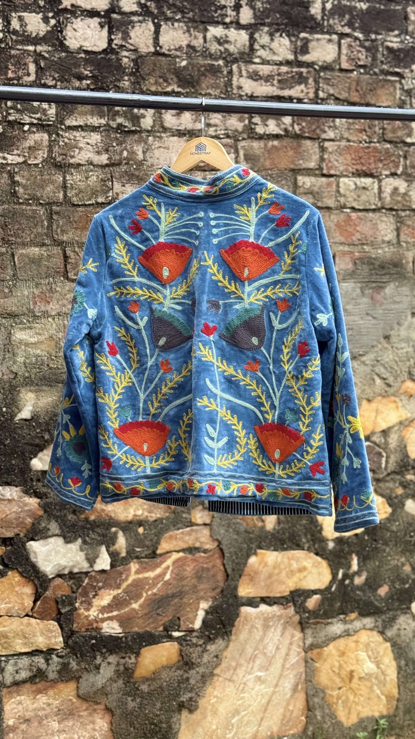 Womens Light Sky Blue Velvet Embroidered Jacket with Floral Design